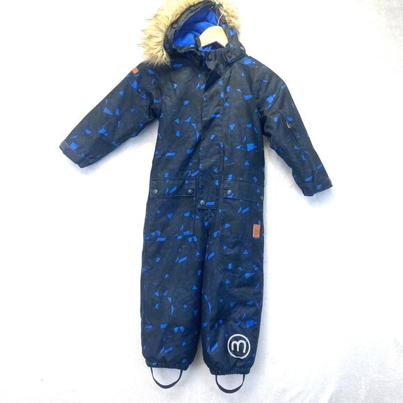 Minymo Fleece Lined Fur Trim Snowsuit Size 4 (4T) Black Blue Hooded One Piece - Picture 1 of 16